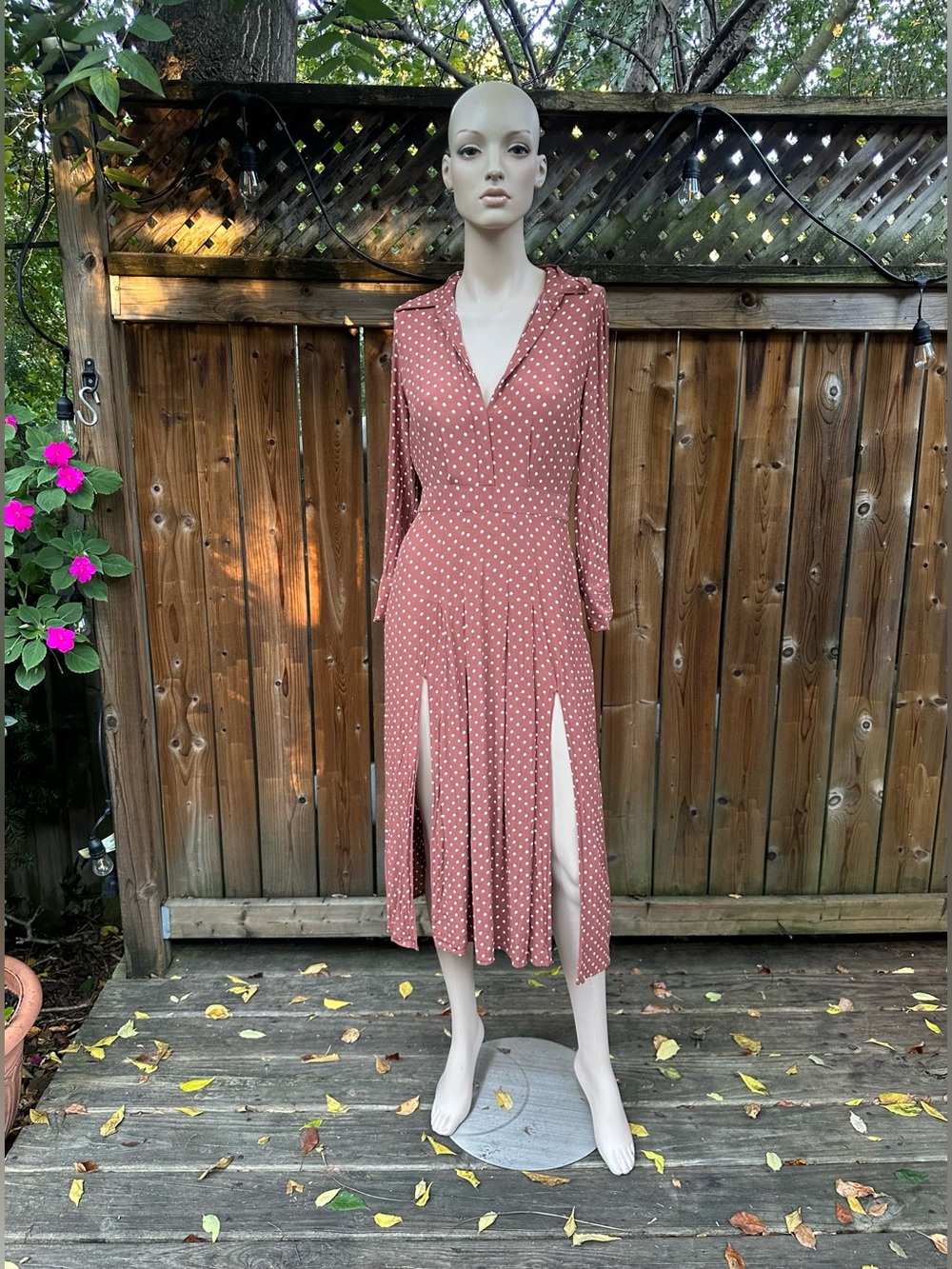 Rust Polka Dot Long Sleeve Double-Split Midi Dress